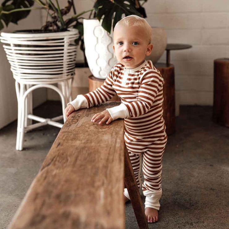 Organic L/Sleeve Growsuit - Biscuit striped