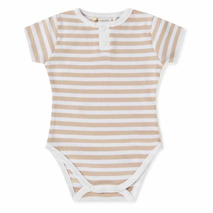 Organic S/Sleeve Ribbed Bodysuit -Pebble and white stripe