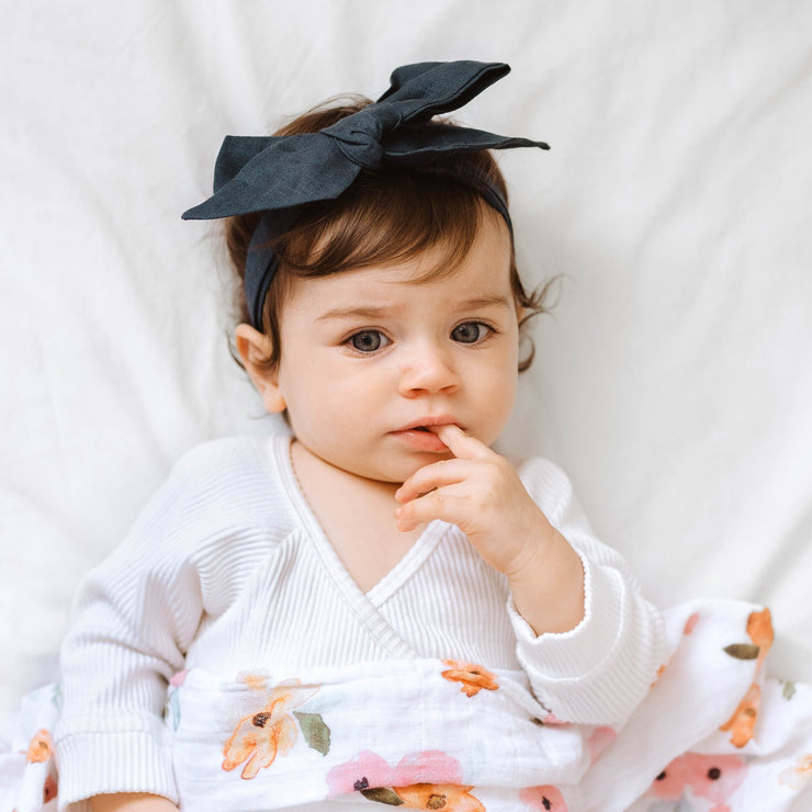 Navy Linen Bow Headband Wrap