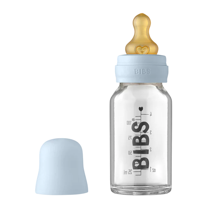Glass Baby Bottle - 110ml Natural Rubber Latex - Baby Blue