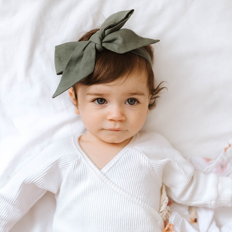 Olive Linen Bow Headband Wrap